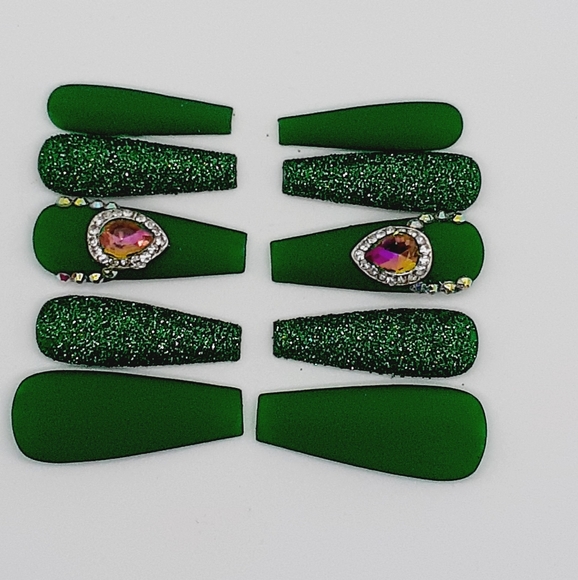 Matte Green Rhinestone Press on Nails - Picture 3 of 7